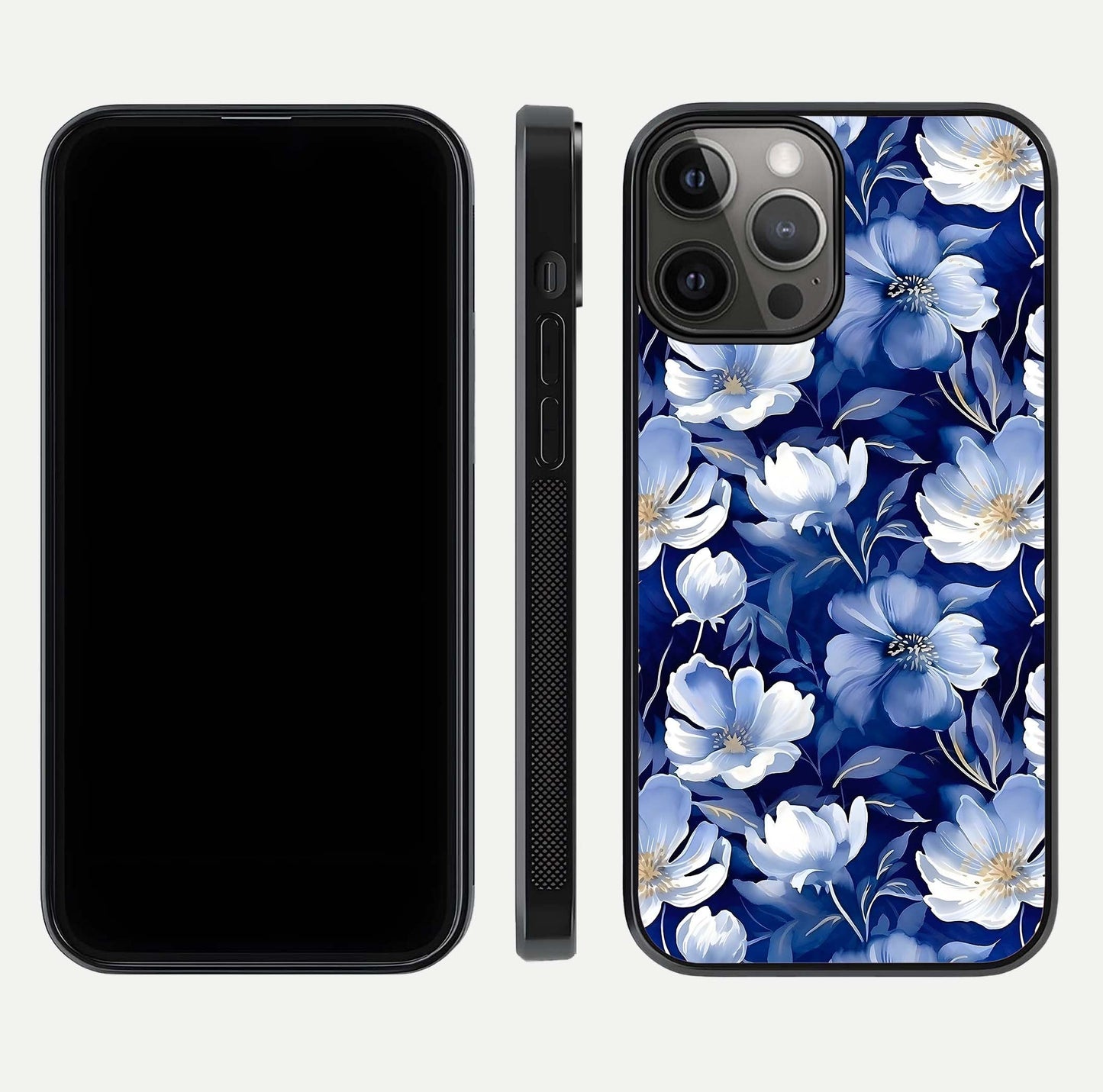 Cute Floral Patterns Glass Case for iPhone 12 Pro Max dual-view layout displaying HD floral print and curved edges