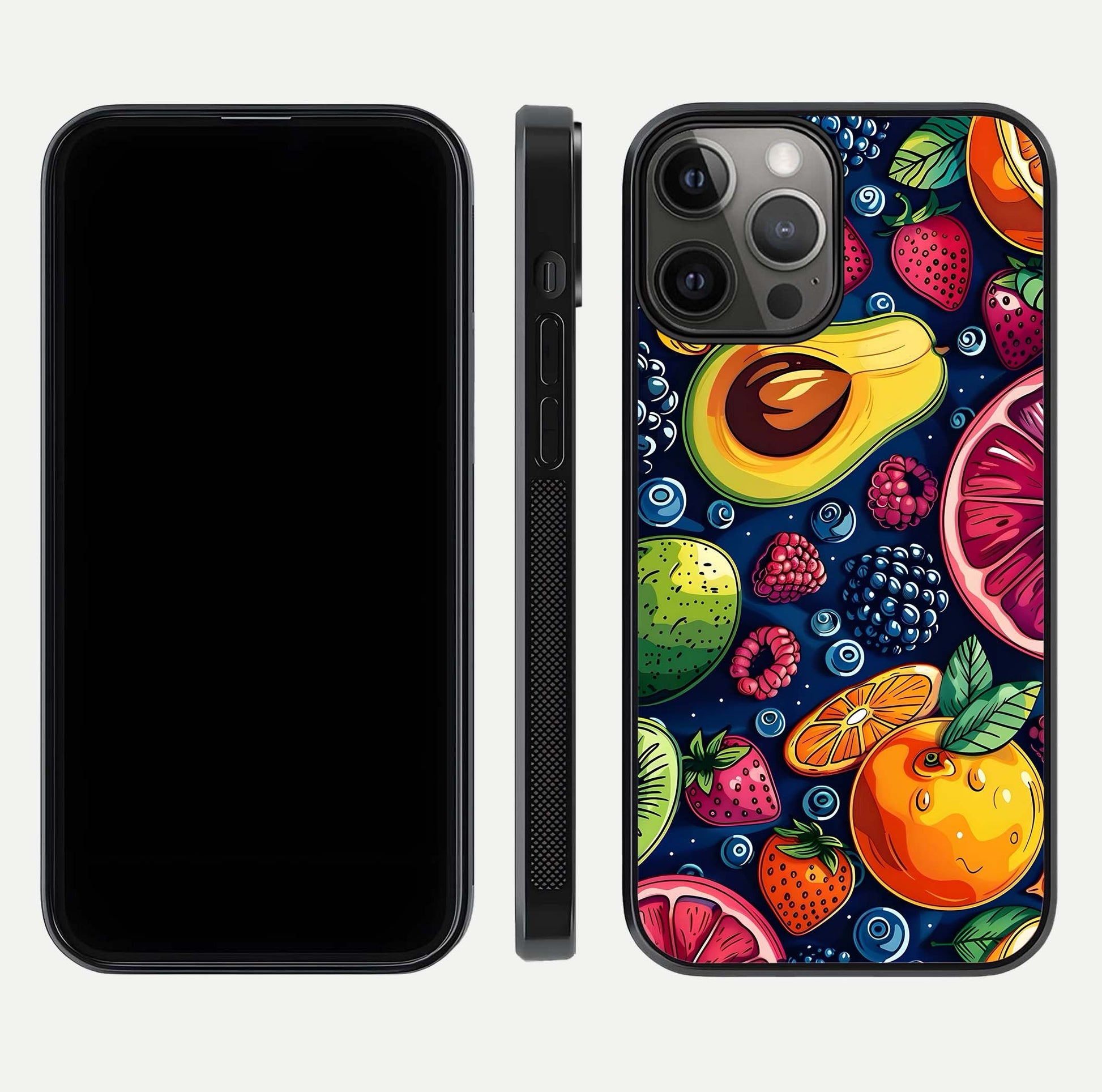 Cute Fruits Art Glass Case for iPhone 12 Pro Max dual-view layout displaying playful tones and curved design