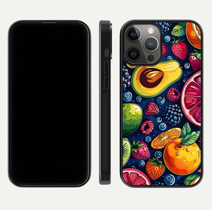 Cute Fruits Art Glass Case for iPhone 12 Pro Max dual-view layout displaying playful tones and curved design