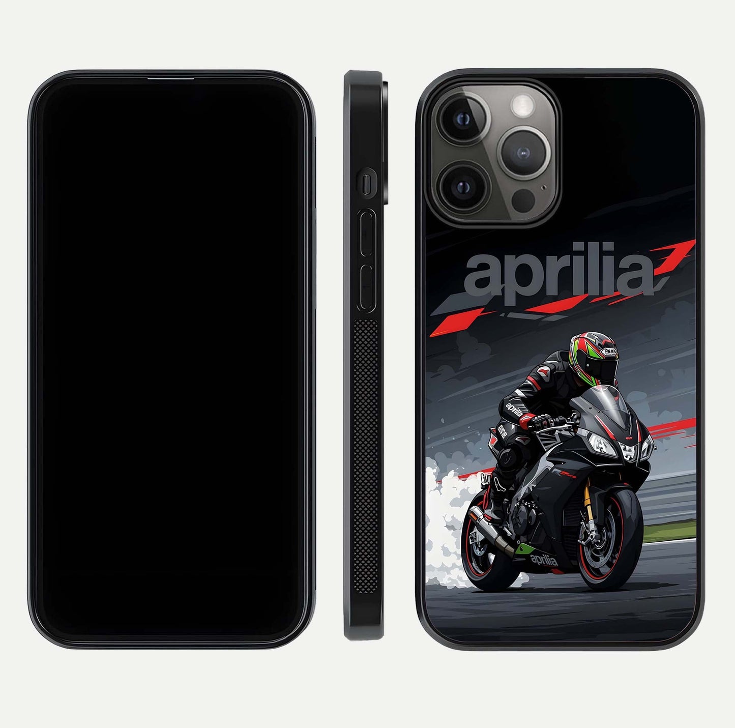 Dark Aprilla Glass Case for iPhone 12 Pro Max dual-view layout displaying sleek racing look and HD shine