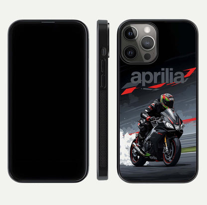 Dark Aprilla Glass Case for iPhone 12 Pro Max dual-view layout displaying sleek racing look and HD shine