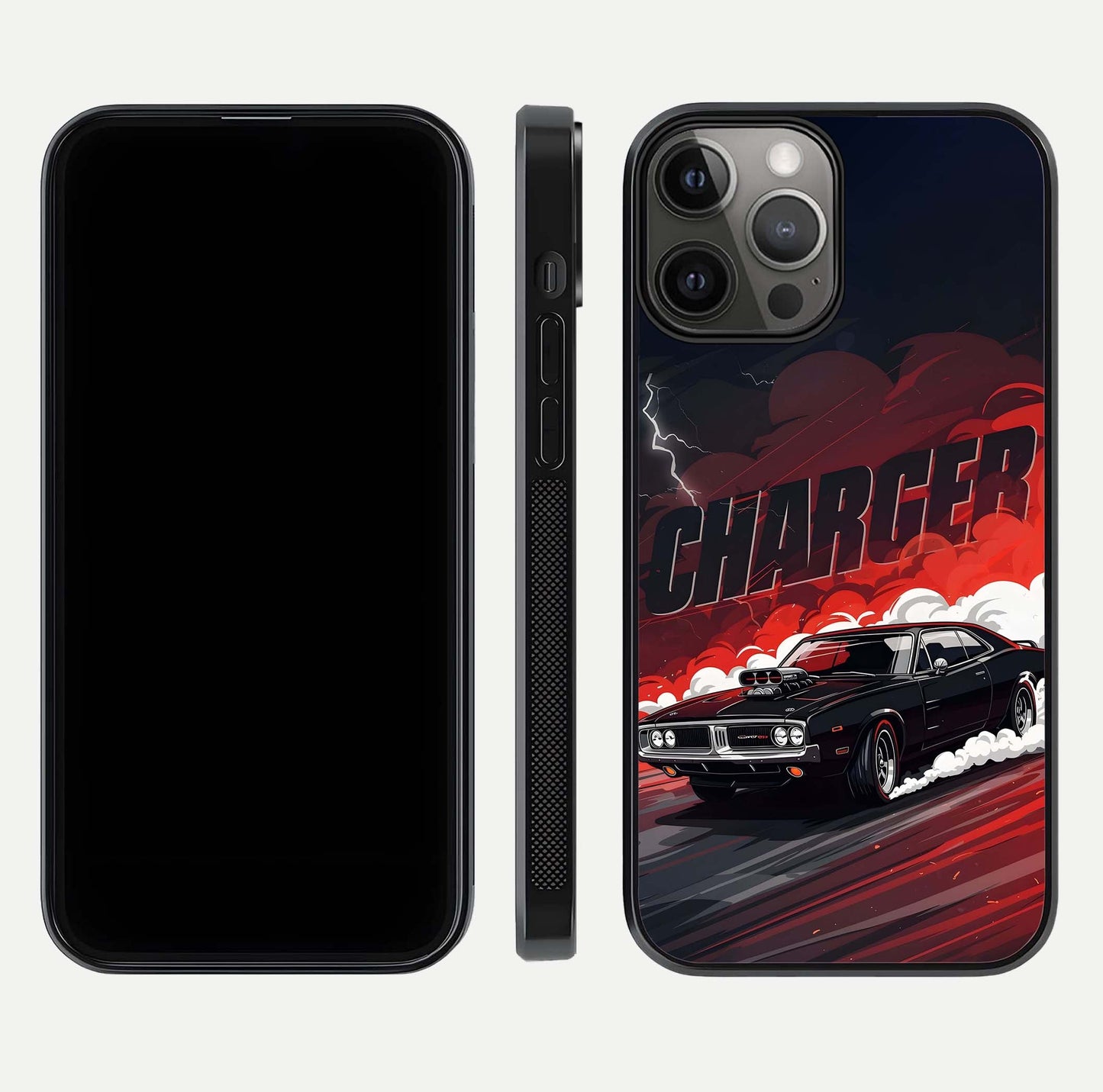 Dark Charger Fury Glass Case for iPhone 12 Pro Max dual-view layout displaying HD design and polished edges