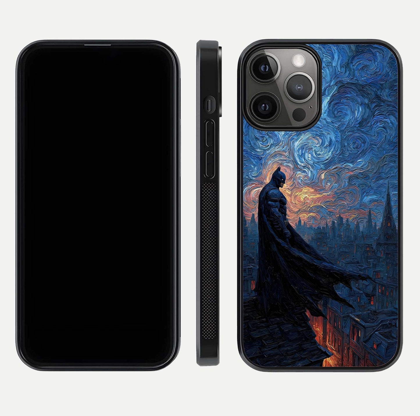 Dark Knight Dusk Glass Case for iPhone 12 Pro Max dual-view layout displaying HD hero print and curved glass edges