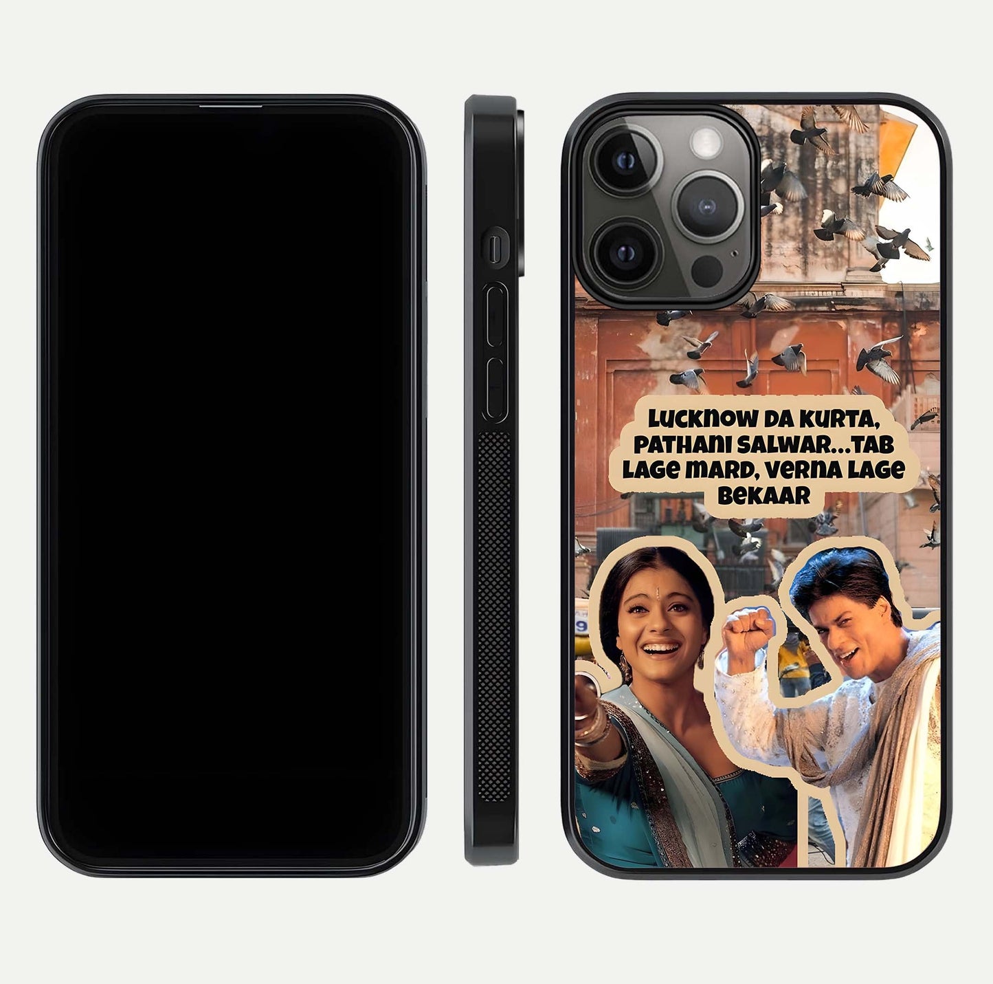 Desi Retro Vibes Glass Case for iPhone 12 Pro Max dual-view layout showing nostalgic design and smooth glass curve