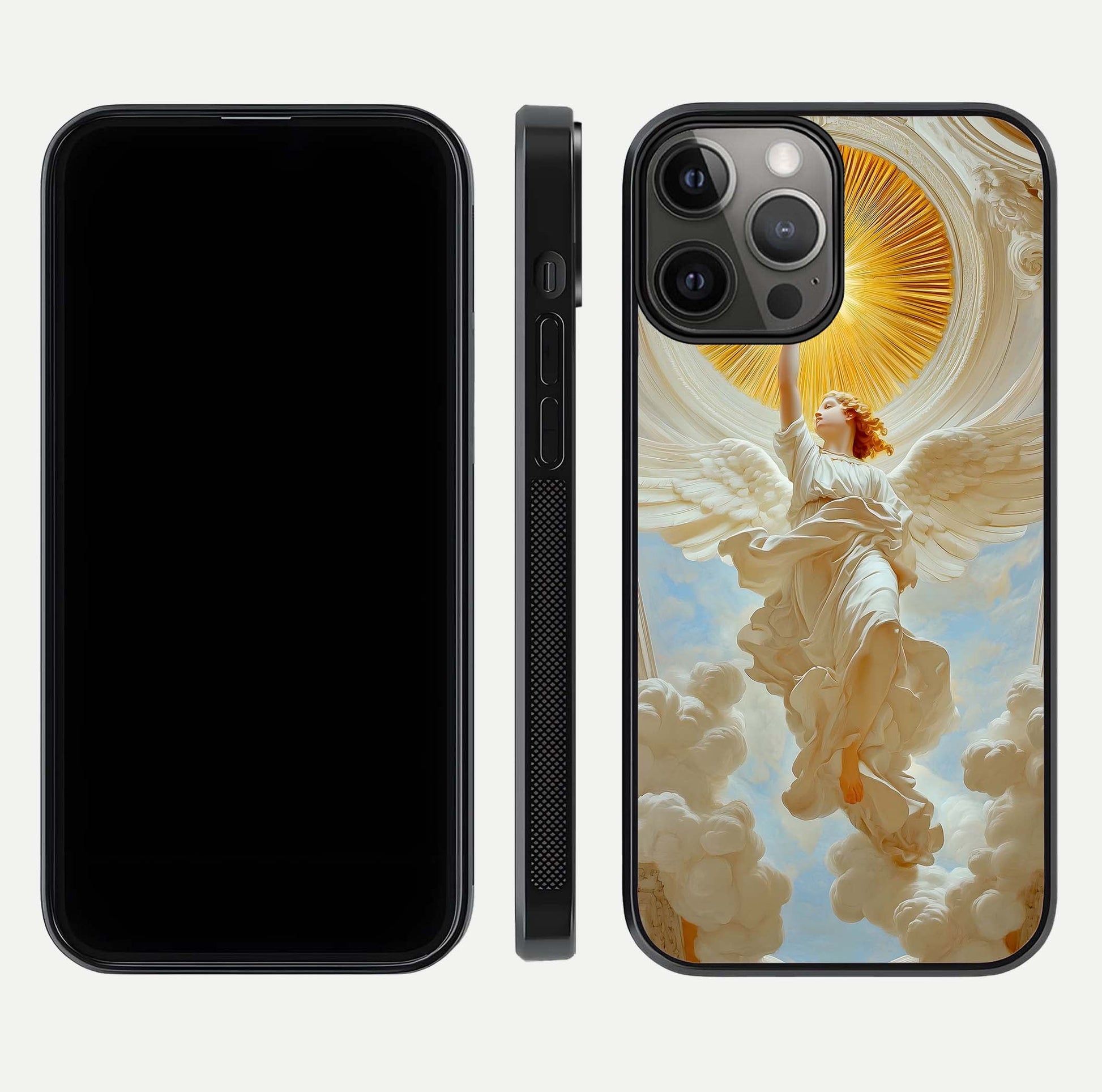 Divine Light Angel Glass Case for iPhone 12 Pro Max dual-view layout displaying celestial tones and smooth curves