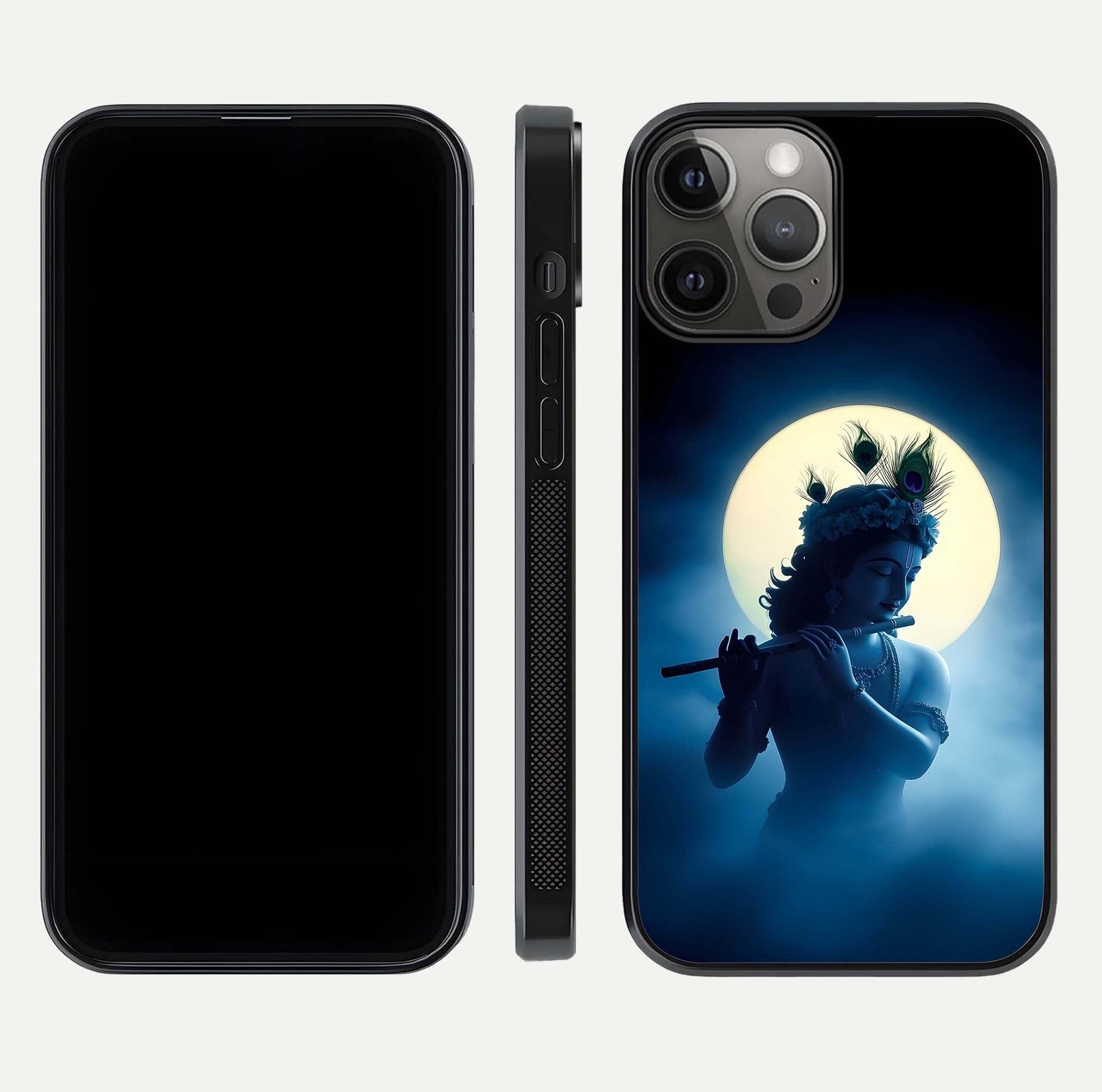 Divine Moon Flute Glass Case for iPhone 12 Pro Max dual-view layout displaying soft night tones and curved polish