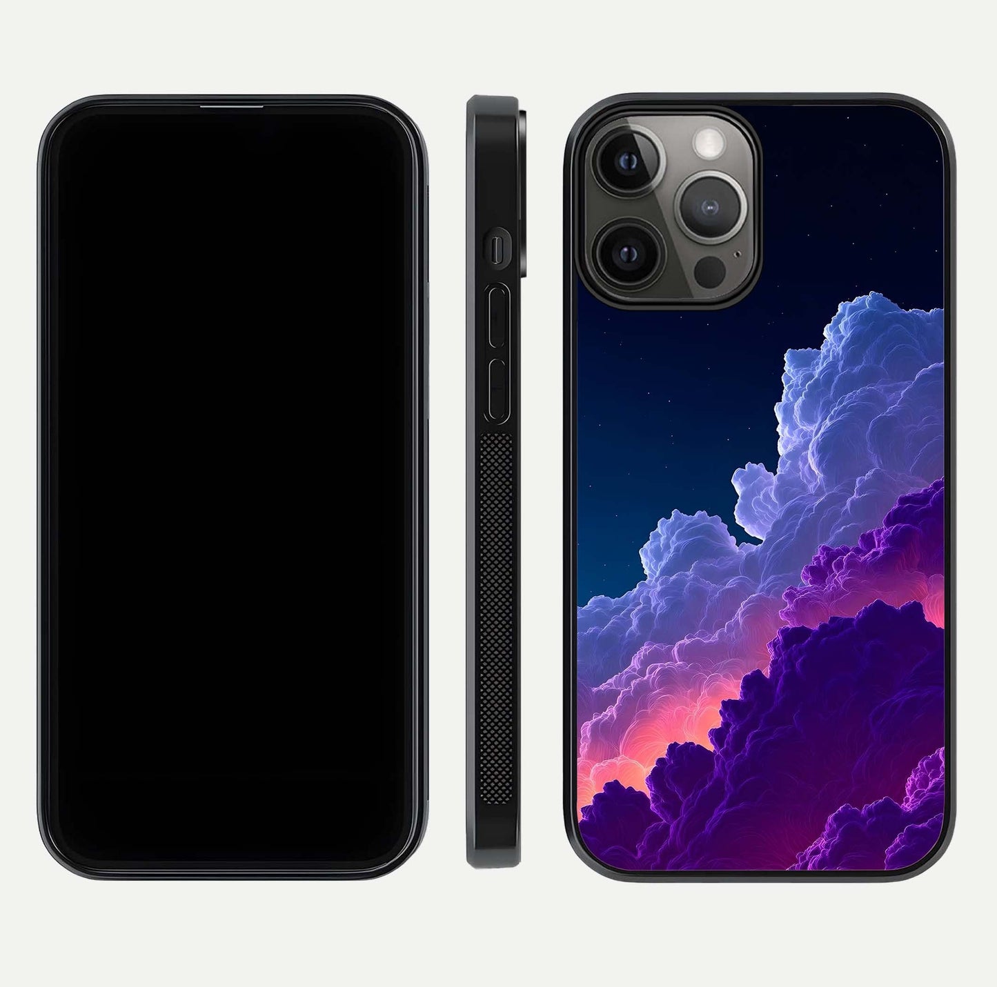 Dreamy Cloud Skies Glass Case for iPhone 12 Pro Max dual-view layout displaying calm sky art and smooth curve