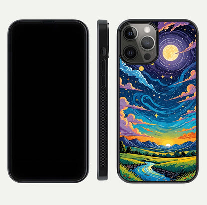 Dreamy Night Landscape Glass Case for iPhone 12 Pro Max dual-view layout displaying HD print and curved glass edges