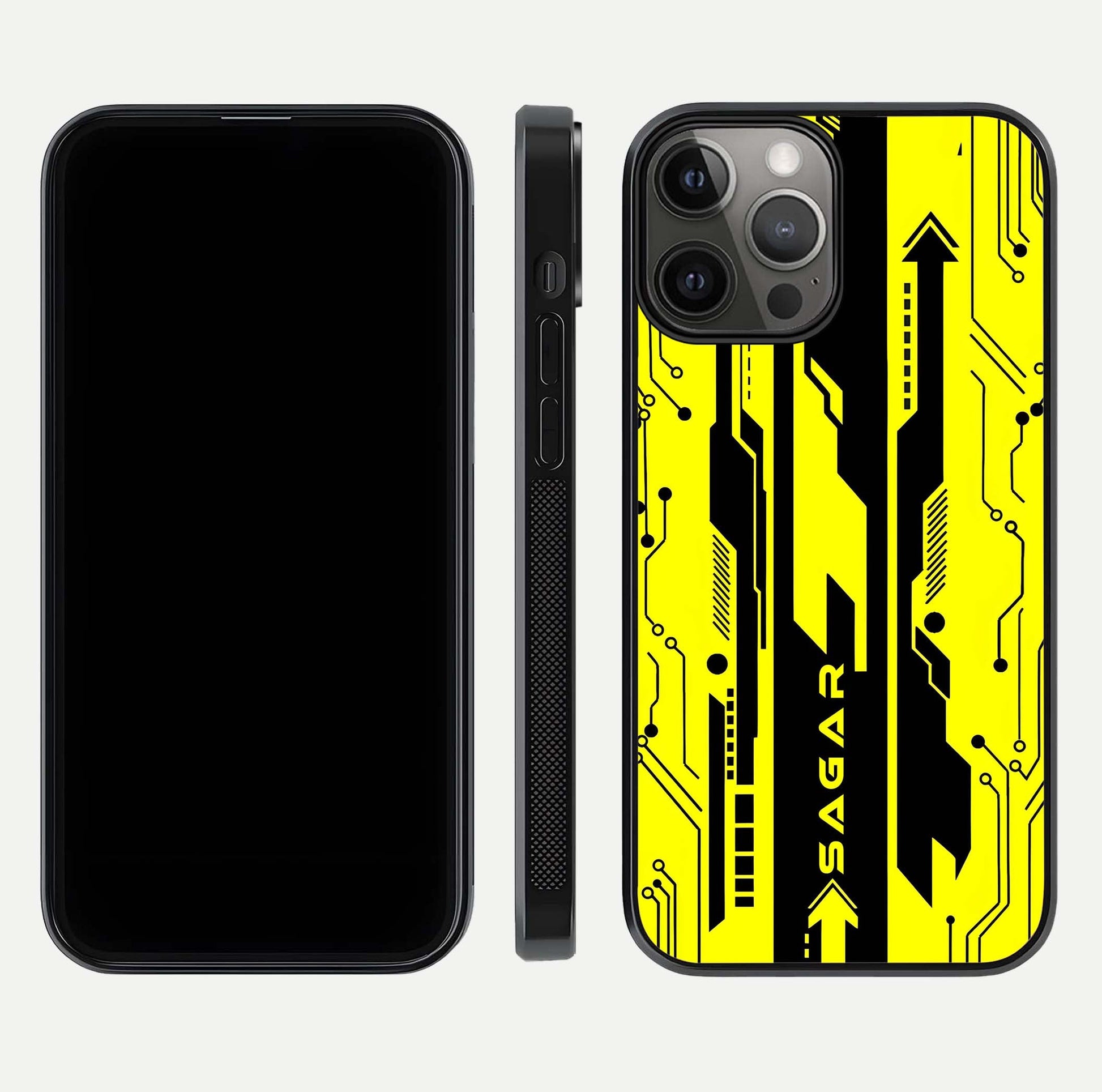 Electric Pulse CYBERPUNK Custom Name Glass Case for iPhone 12 Pro Max dual-view layout displaying futuristic hues and curved glass edges