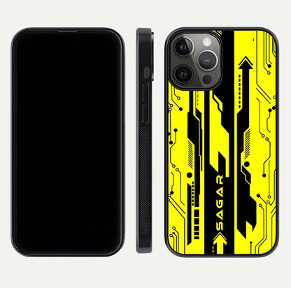 Electric Pulse CYBERPUNK Custom Name Glass Case for iPhone 12 Pro Max dual-view layout displaying futuristic hues and curved glass edges