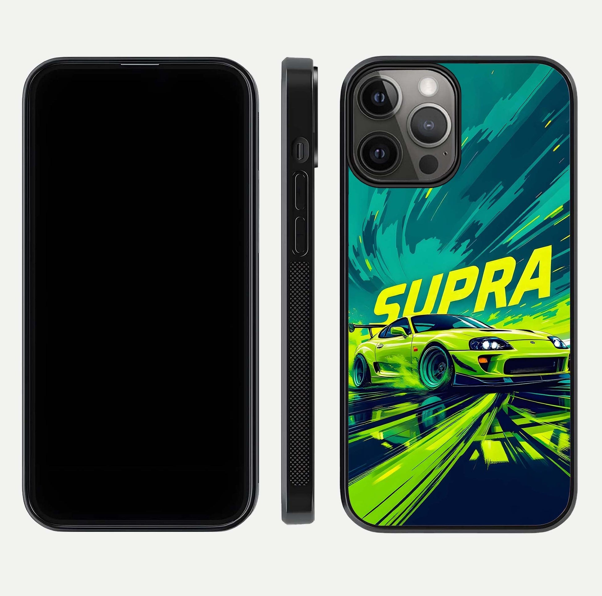 Electric Supra Thunder Glass Case for iPhone 12 Pro Max dual-view layout displaying dynamic motion art and curved finish