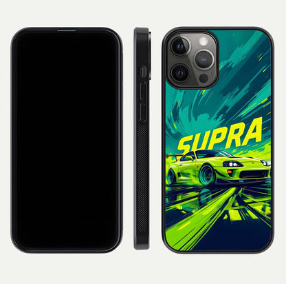 Electric Supra Thunder Glass Case for iPhone 12 Pro Max dual-view layout displaying dynamic motion art and curved finish