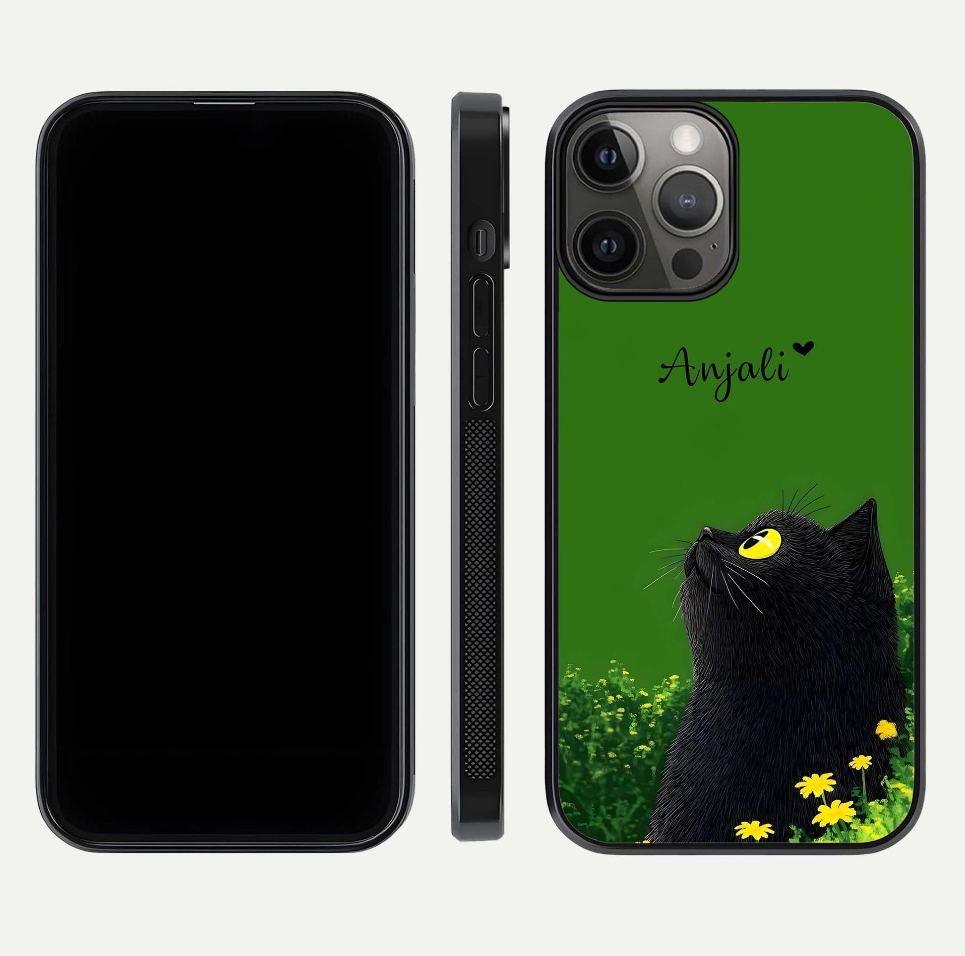 Emerald Cat Custom Name Glass Case for iPhone 12 Pro Max dual-view layout displaying artistic tones and smooth curves