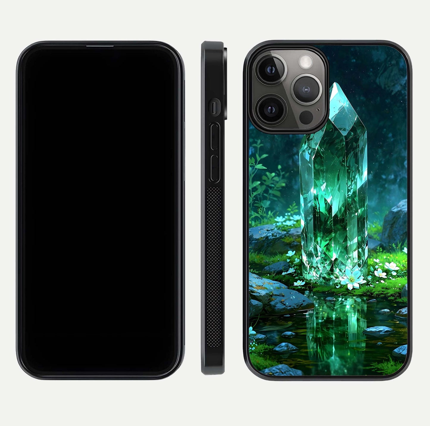 Emerald Light Crystal Glass Case for iPhone 12 Pro Max dual-view layout displaying gem-like tones and polished edge