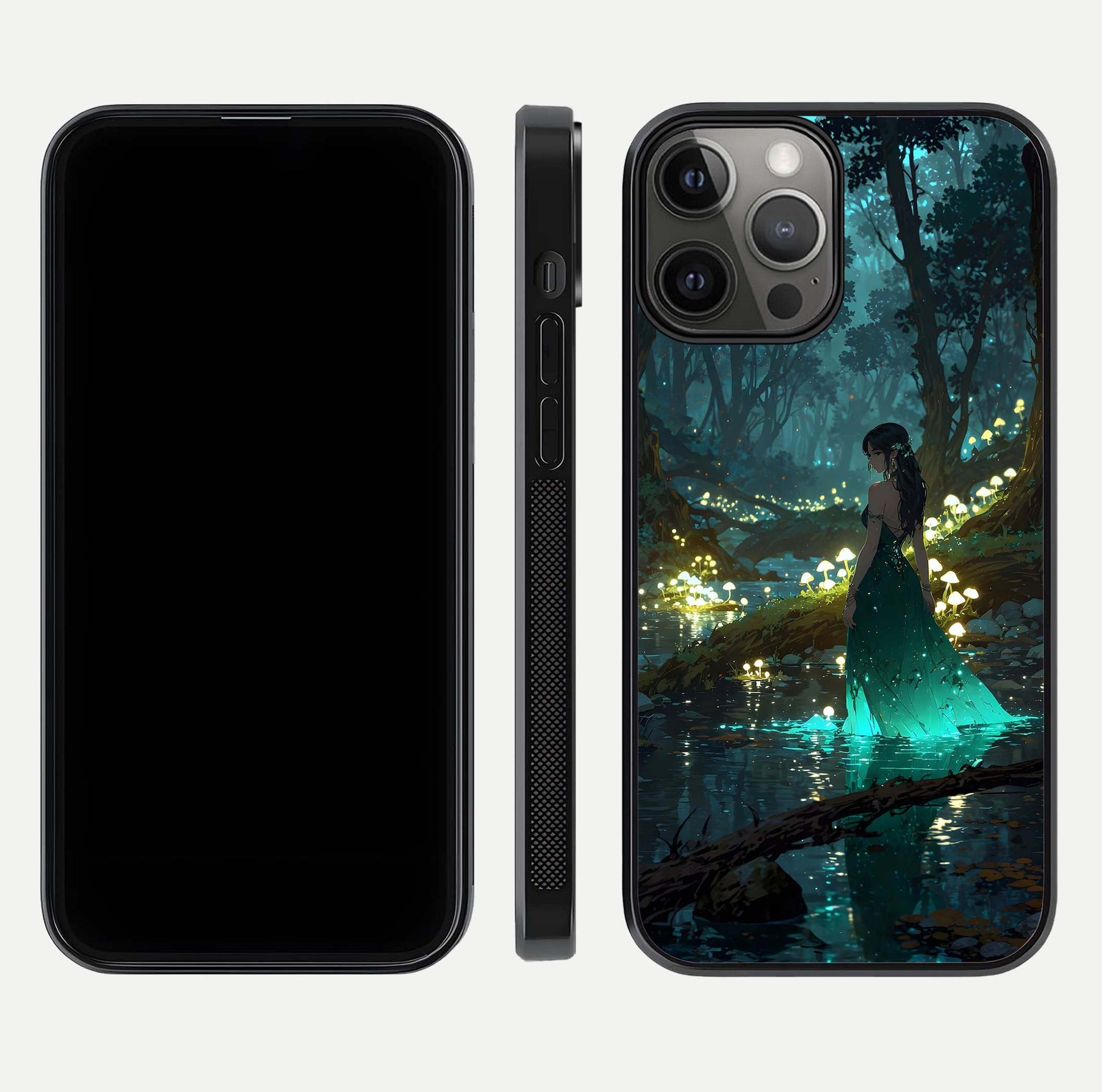 Enchanted Forest Glow Glass Case for iPhone 12 Pro Max dual-view layout displaying green tones and smooth glass