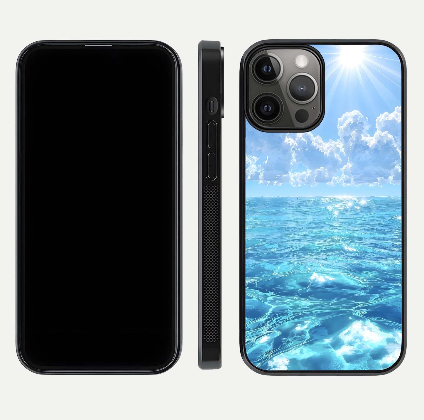 Endless Ocean Horizon Glass Case for iPhone 12 Pro Max dual-view layout displaying calm seascape and curved edges