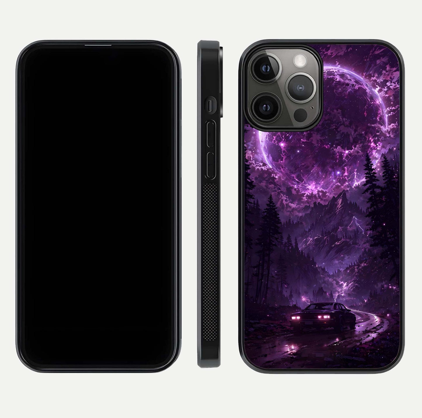 Eternal Cosmic Drive Glass Case for iPhone 12 Pro Max dual-view layout displaying outer-space tones and curved finish