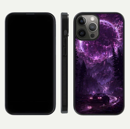Eternal Cosmic Drive Glass Case for iPhone 12 Pro Max dual-view layout displaying outer-space tones and curved finish