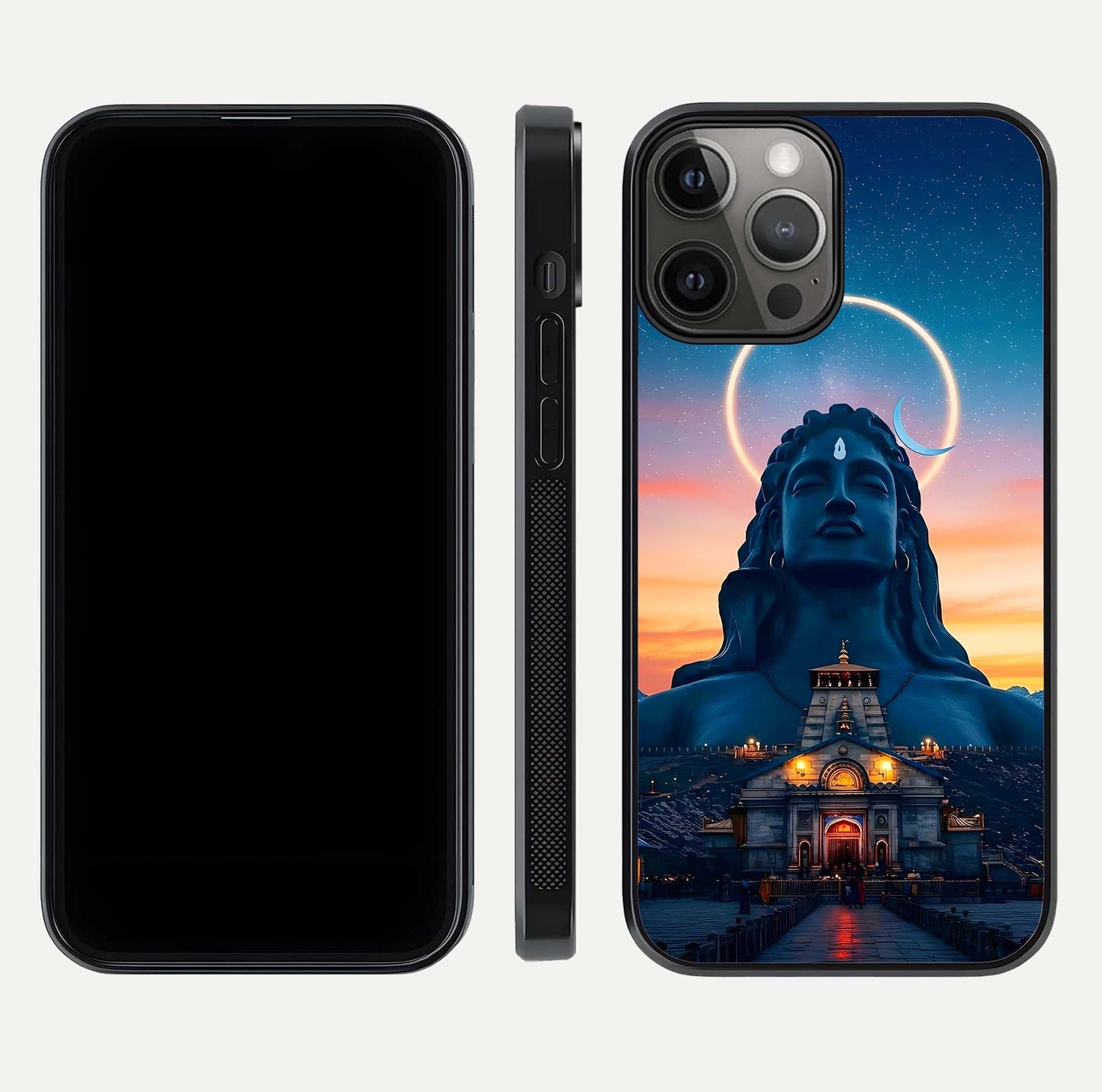 Eternal Shiva Aura Glass Case for iPhone 12 Pro Max dual-view layout displaying HD deity print and smooth edge
