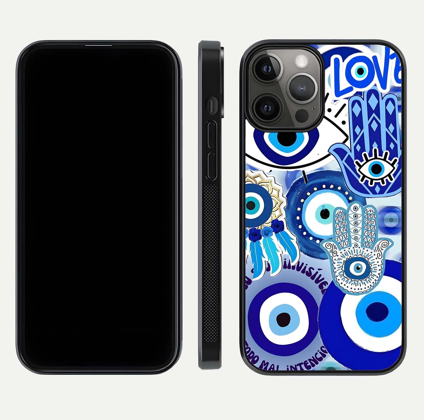Evil Eyes Dream Glass Case for iPhone 12 Pro Max dual-view layout displaying spiritual motif and polished curved edge