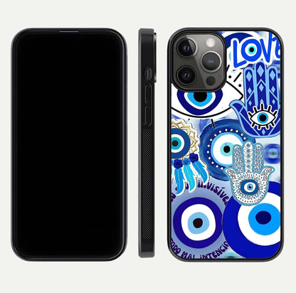 Evil Eyes Dream Glass Case for iPhone 12 Pro Max dual-view layout displaying spiritual motif and polished curved edge