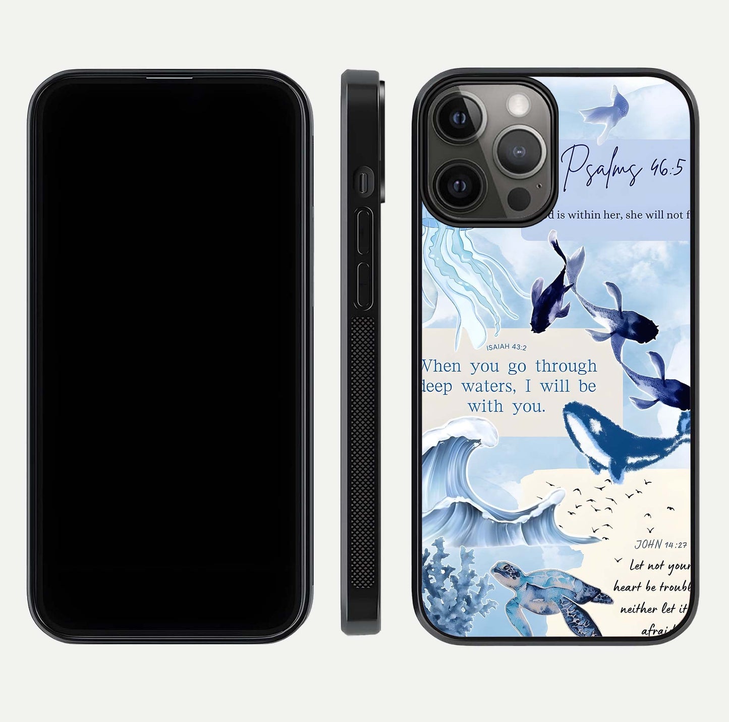Faithful Ocean Promise Glass Case for iPhone 12 Pro Max dual-view layout showing sea horizon art and curved polish