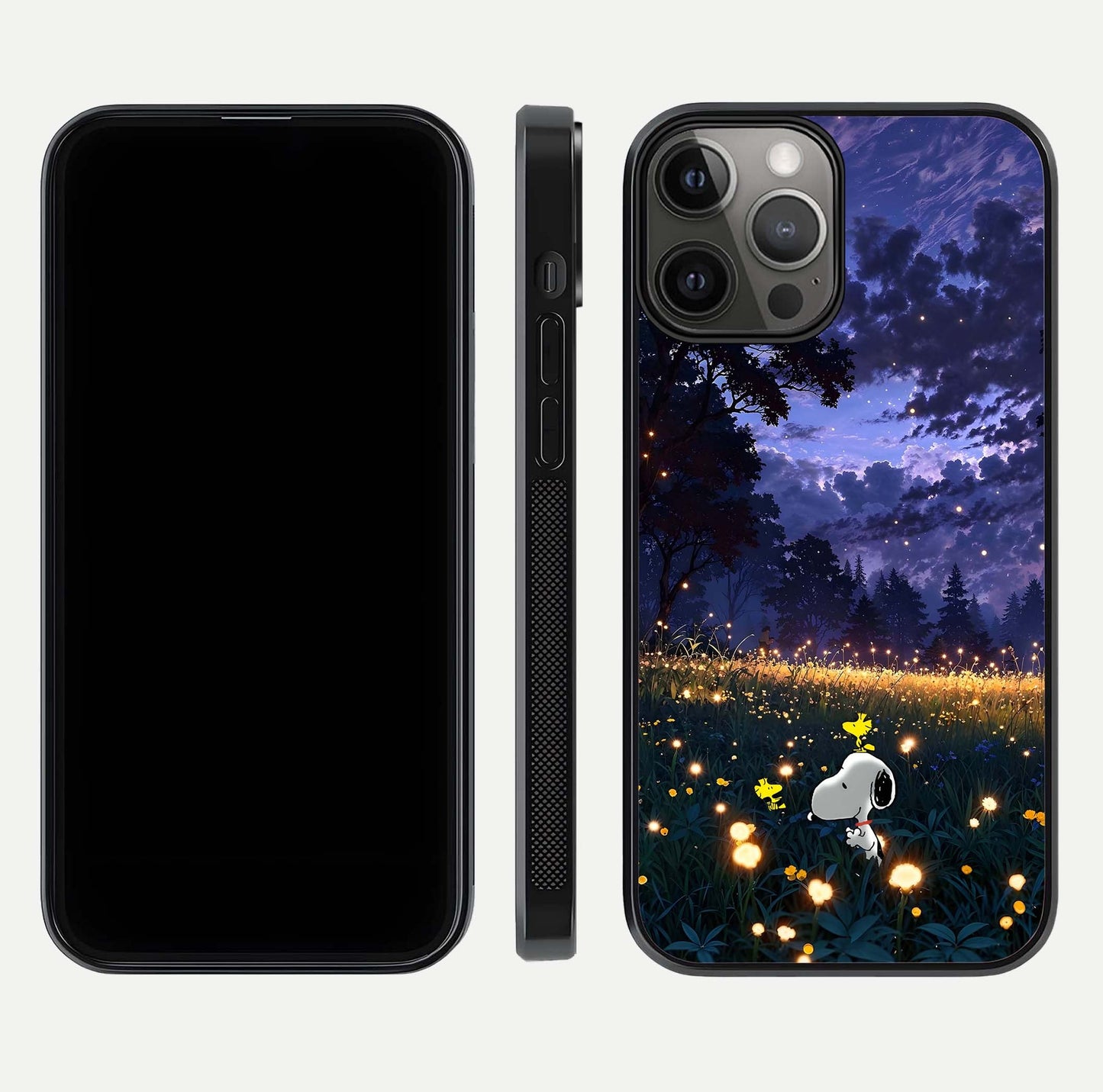 Firefly Meadow Magic Glass Case for iPhone 12 Pro Max dual-view layout displaying enchanting tones and curved edges