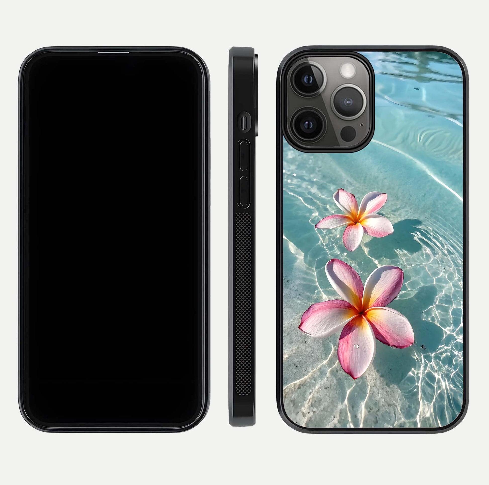 Floating Bloom Bliss Glass Case for iPhone 12 Pro Max dual-view layout displaying soft pastel flowers and curved glass