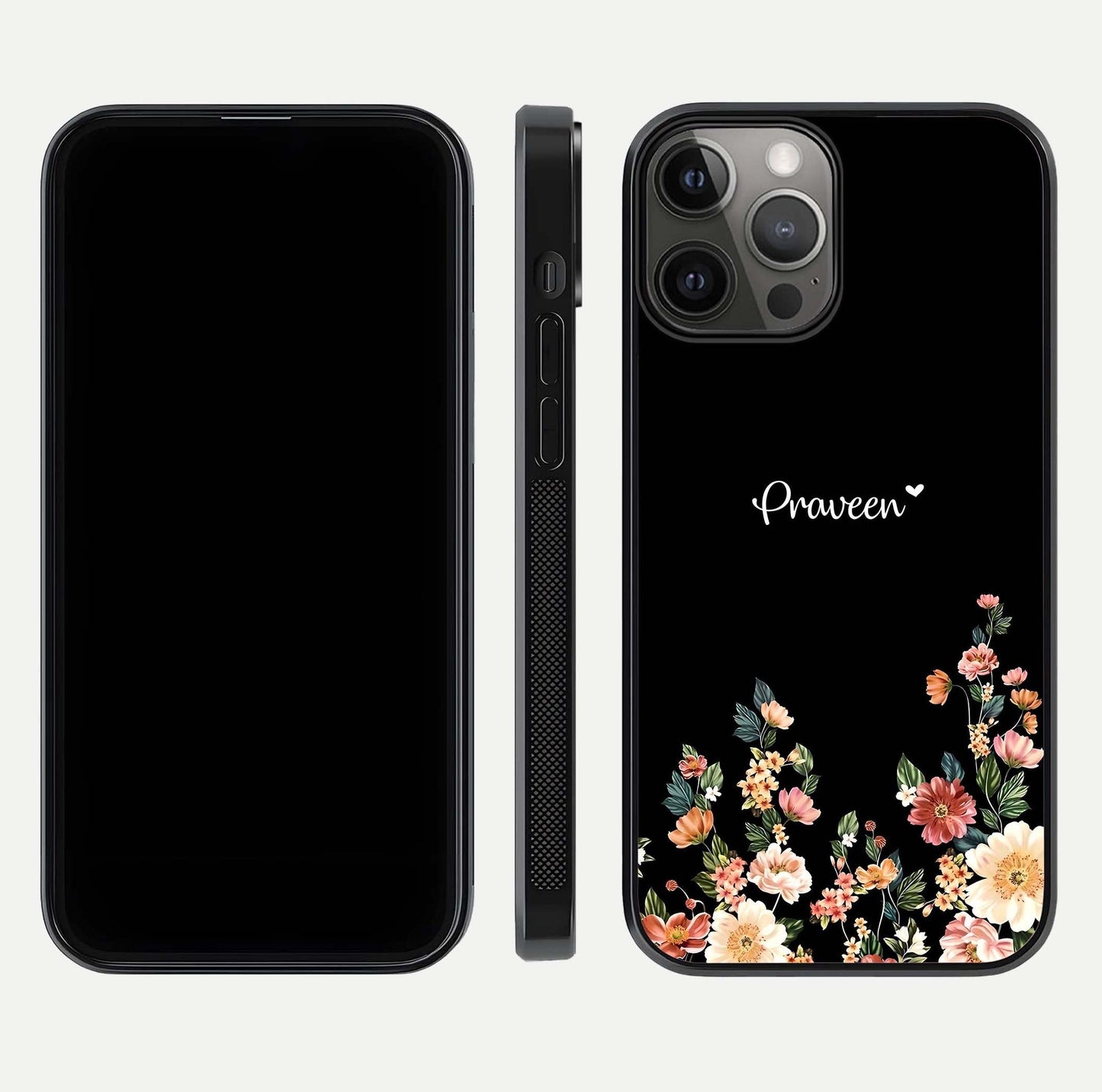 Floral Design Personalized Custom Name Glass Case for iPhone 12 Pro Max dual-view layout displaying artistic tones and curved finish