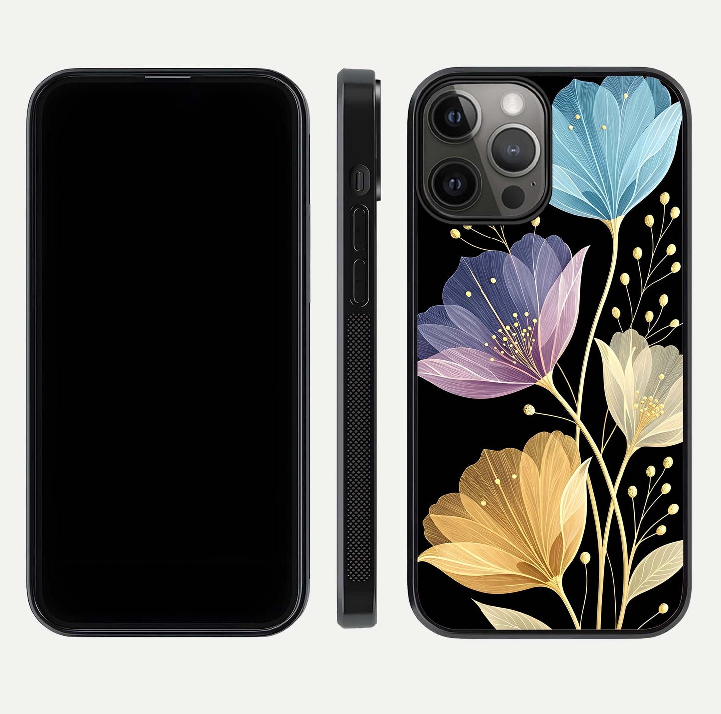 Flower Bloom Glow Glass Case for iPhone 12 Pro Max dual-view layout displaying petal tones and curved glass edge