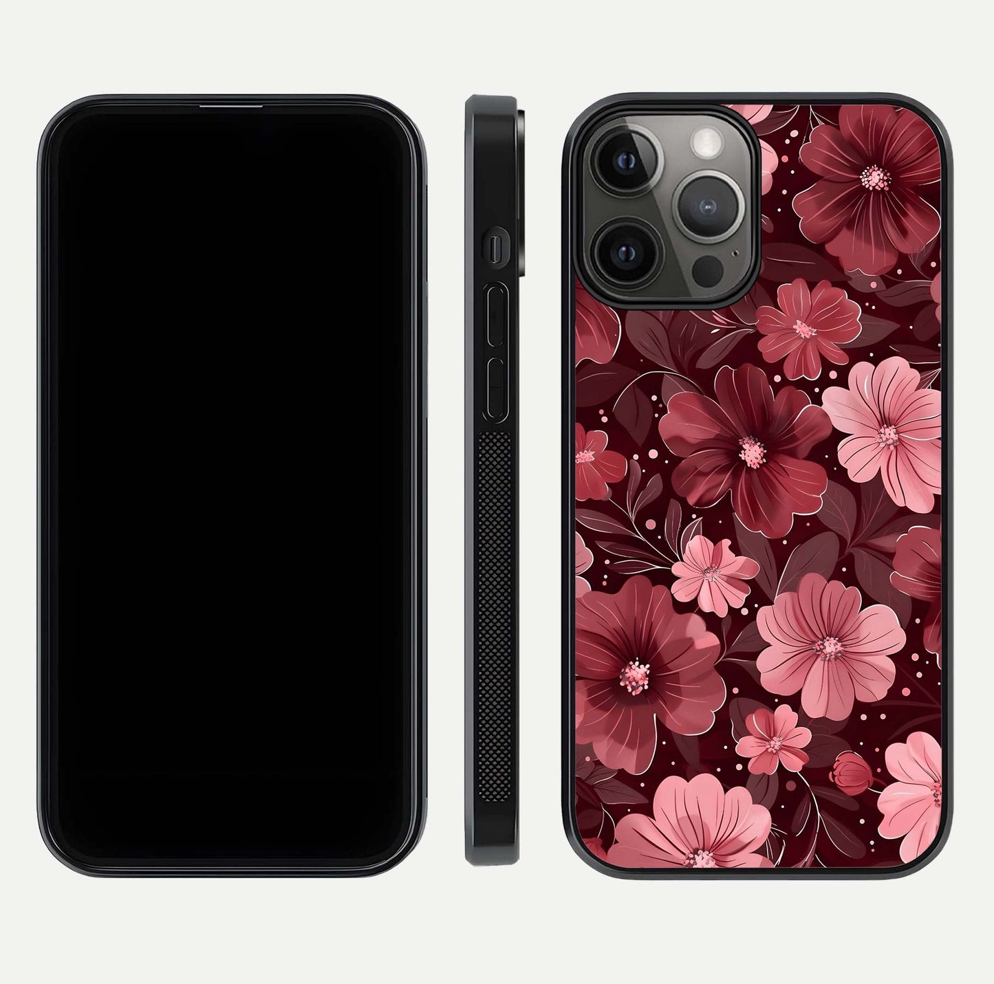 Flower Blush Bloom Glass Case for iPhone 12 Pro Max dual-view layout displaying HD print and smooth curves