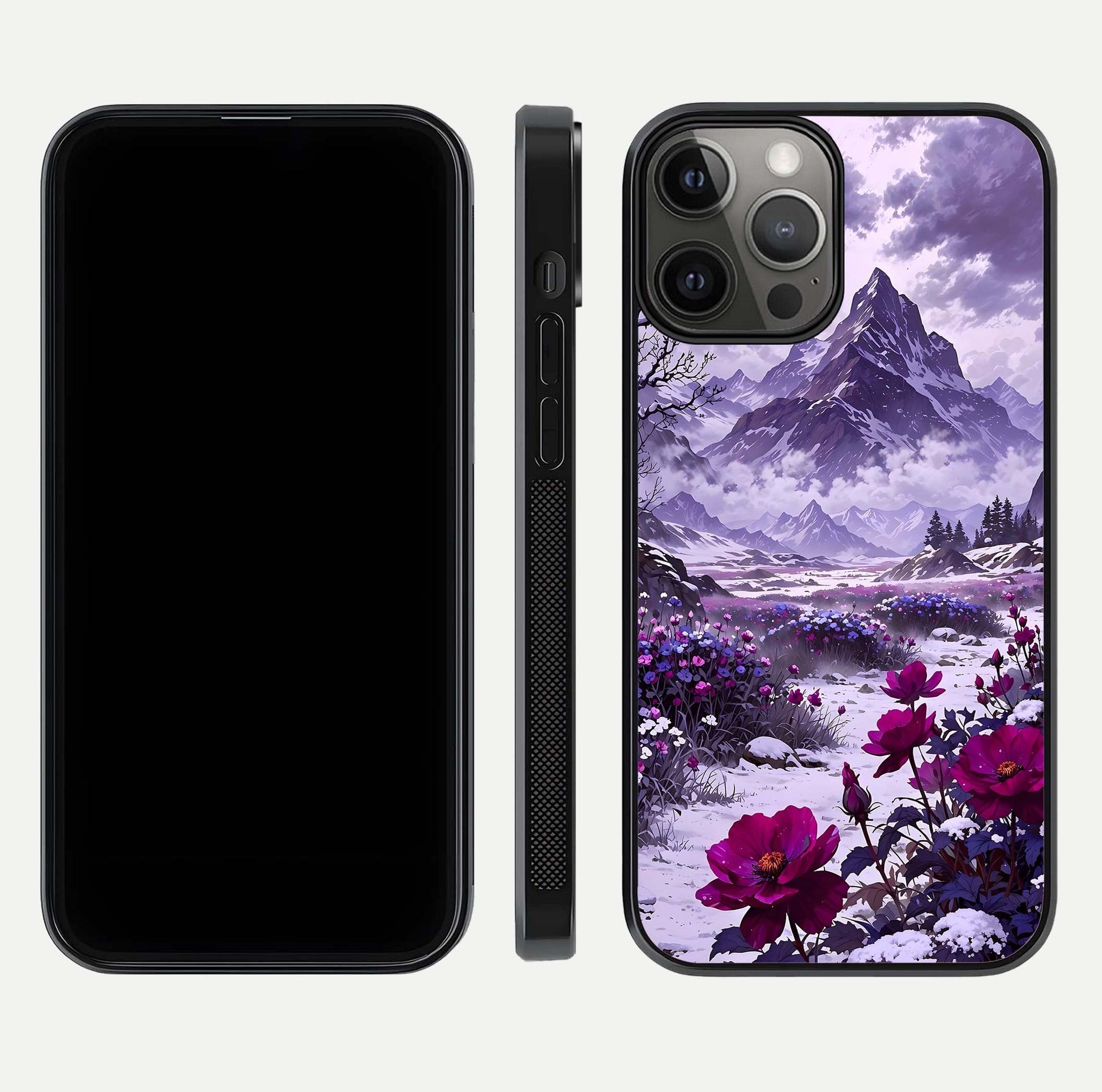 Flower Mountain View Glass Case for iPhone 12 Pro Max dual-view layout displaying scenic tones and curved glass finish
