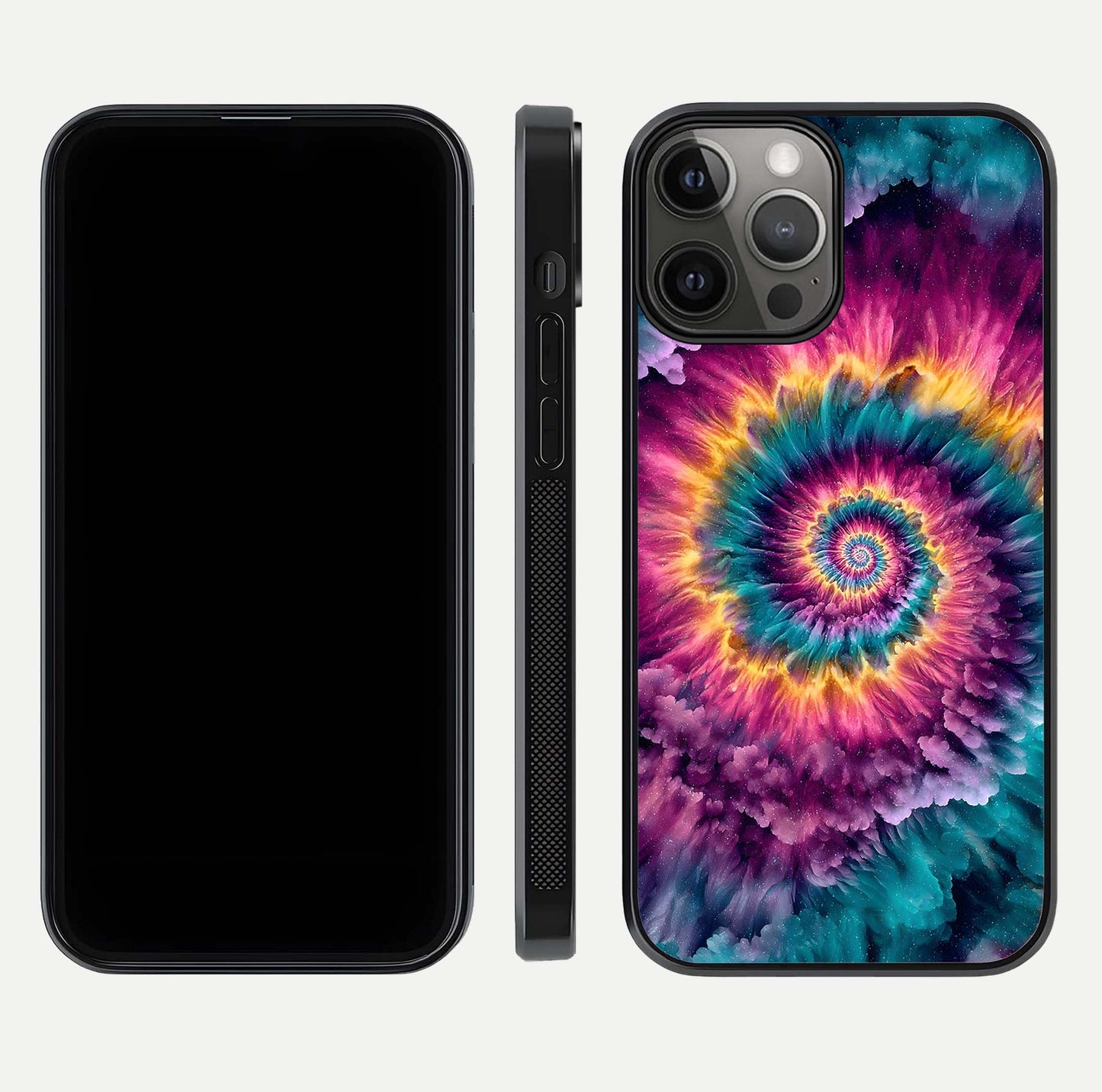 Galactic Spiral Burst Glass Case for iPhone 12 Pro Max front and back view layout highlighting cosmic swirl and curved edges
