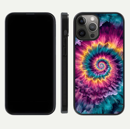 Galactic Spiral Burst Glass Case for iPhone 12 Pro Max front and back view layout highlighting cosmic swirl and curved edges