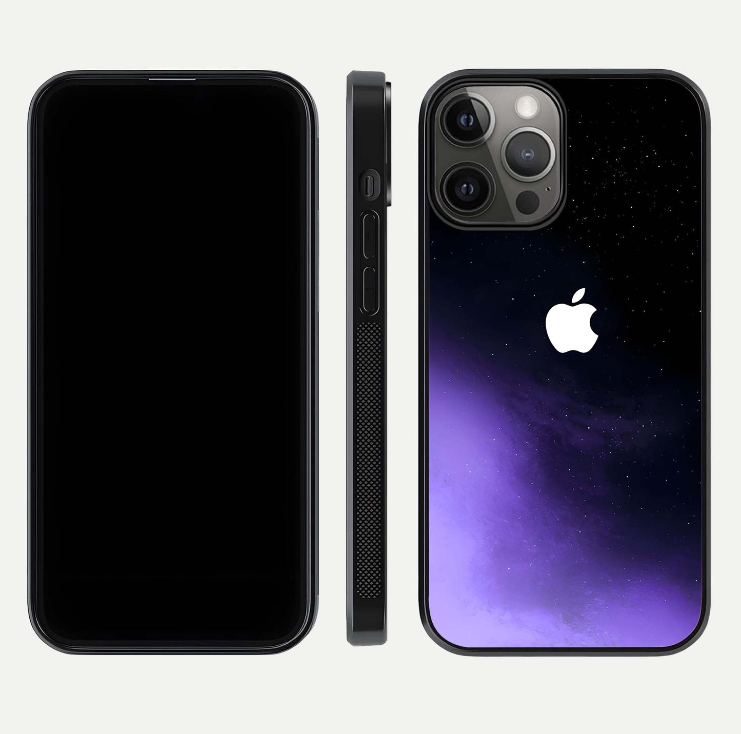 Galaxy Apple Aura Glass Case for iPhone 12 Pro Max front and back view layout displaying cosmic tones and premium curved glass edges