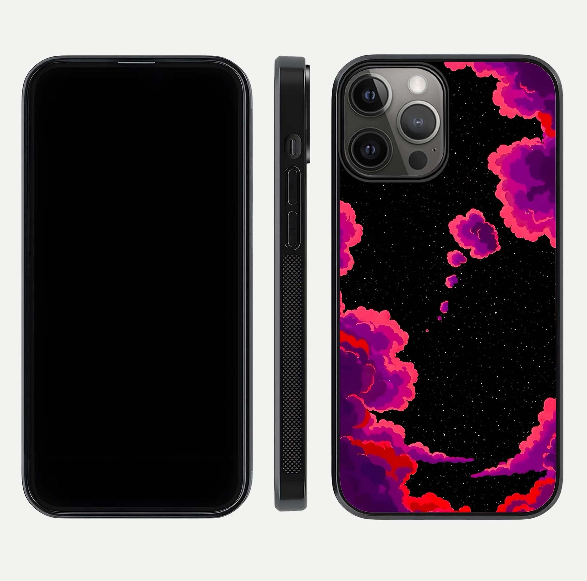 Galaxy Dream Frame Glass Case for iPhone 12 Pro Max front and back view layout highlighting cosmic design and smooth glass curvature