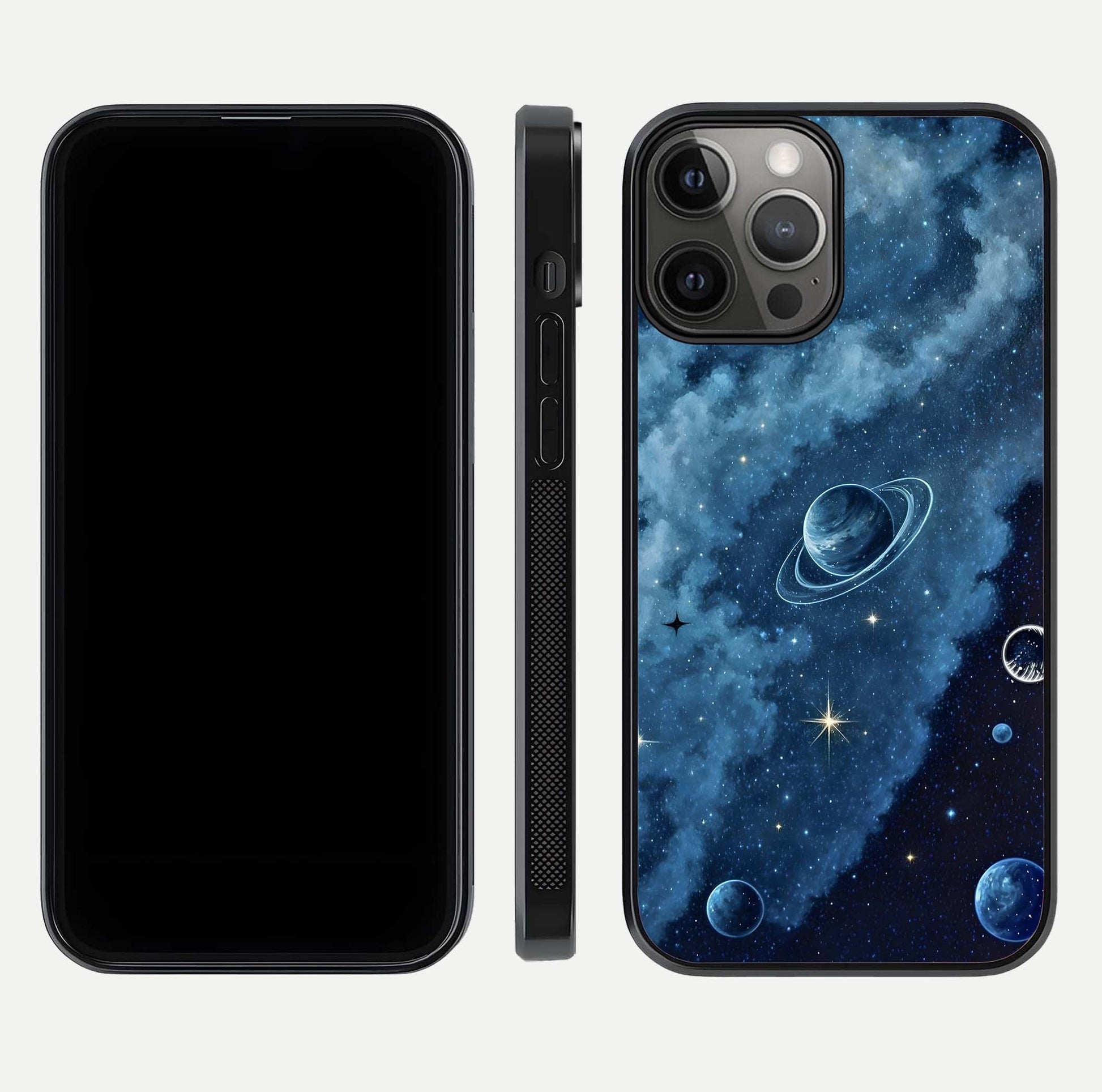 Galaxy Dream Space Glass Case for iPhone 12 Pro Max front and back view layout showing deep-space tones and curved edges