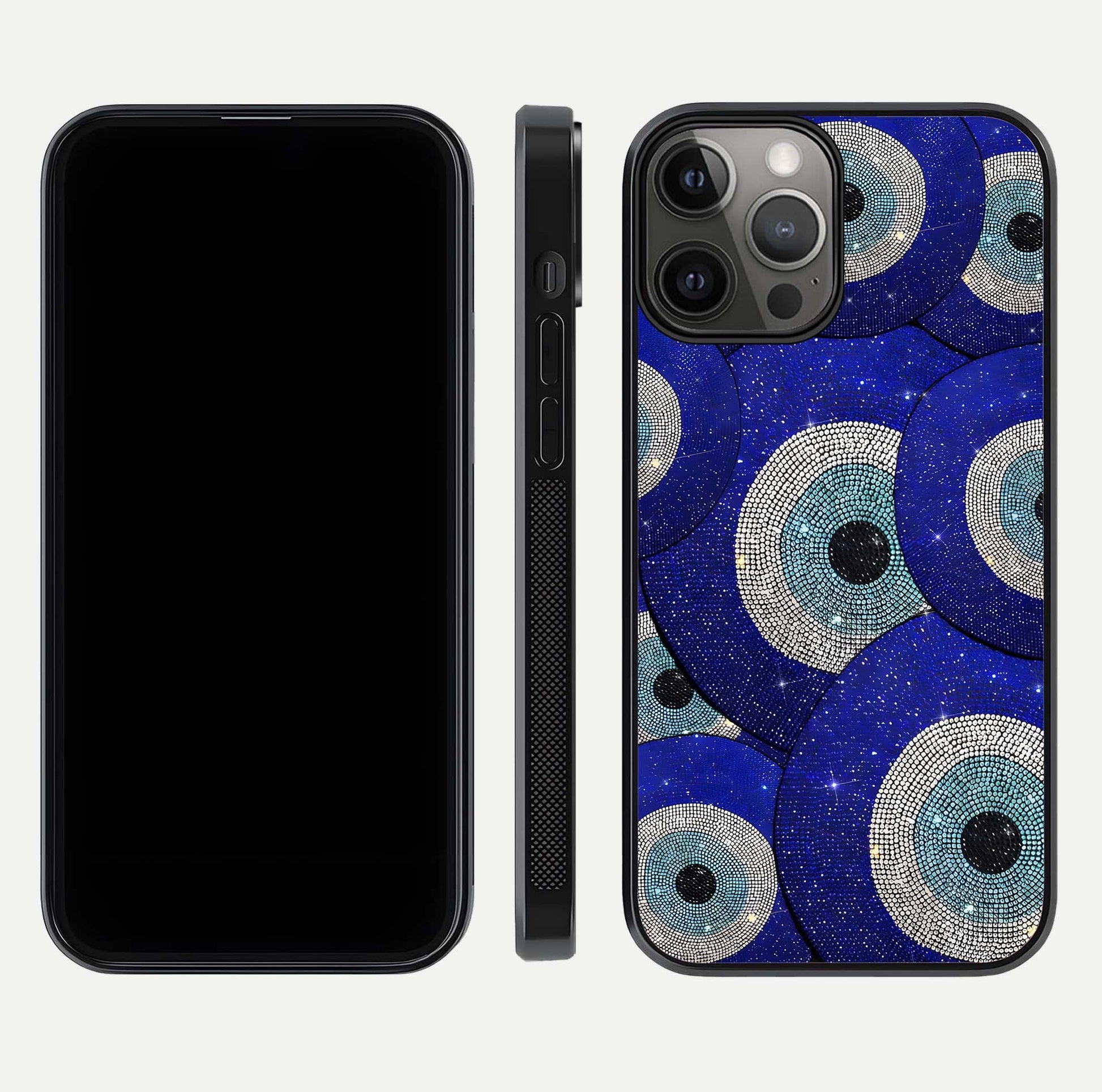 Galaxy Eye Flow Glass Case for iPhone 12 Pro Max front and back view layout displaying cosmic art and curved glass borders