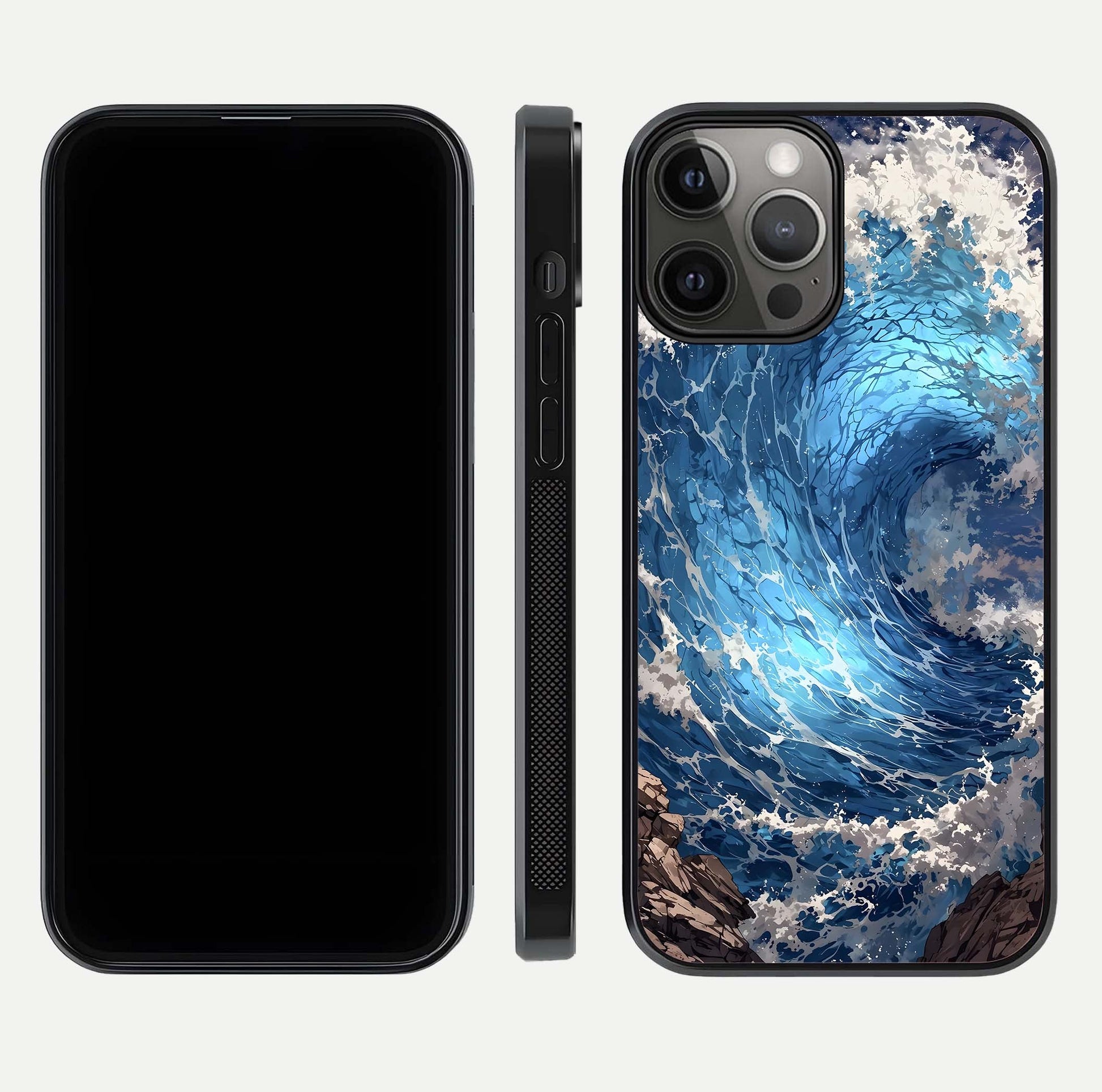 Giant Ocean Wave Glass Case for iPhone 12 Pro Max front and back view layout displaying sea tones and smooth curved edges