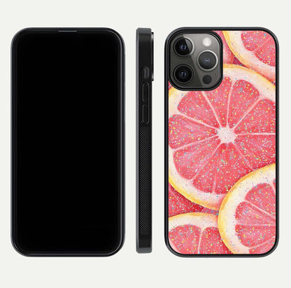Glitter Grapefruit Glass Case for iPhone 12 Pro Max front and back view layout highlighting citrus hues and smooth glass