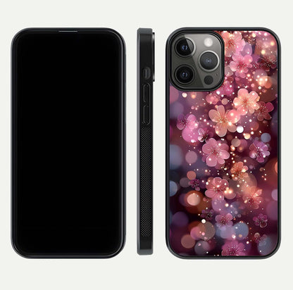 Glowing Petal Bliss Glass Case for iPhone 12 Pro Max front and back view layout displaying artistic floral design and curved glass