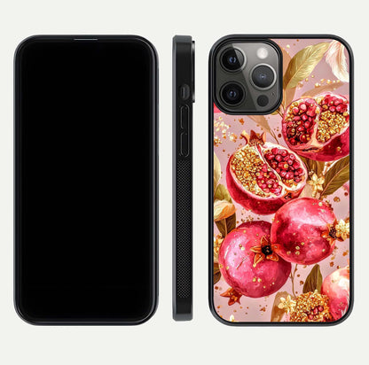 Golden Bloom Glow Glass Case for iPhone 12 Pro Max front and back view layout highlighting luxury floral pattern and curved edges
