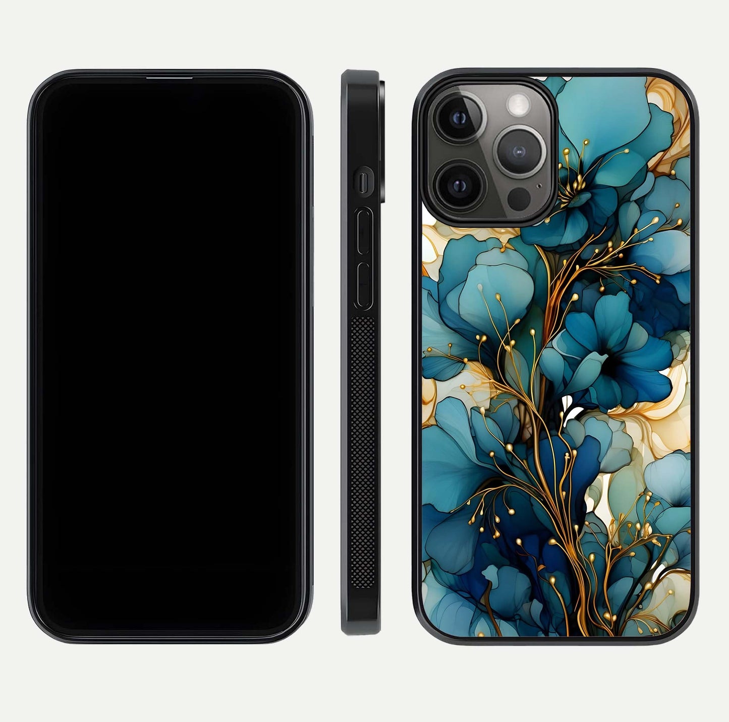 Golden Bloom Symphony Glass Case for iPhone 12 Pro Max front and back view layout highlighting rich floral tones and curved glass edges