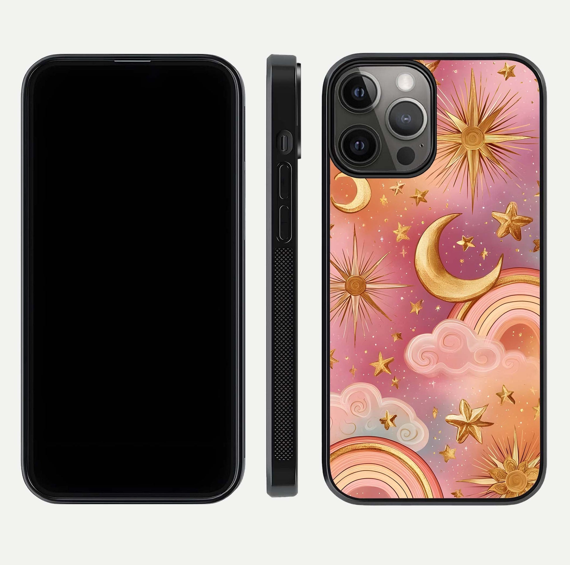 Golden Celestial Dreams Glass Case for iPhone 12 Pro Max front and back view layout highlighting celestial motifs and smooth curved edge