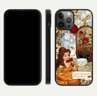 Golden Dream Belle Glass Case for iPhone 12 Pro Max front and back view layout displaying dreamy golden theme and smooth curvature