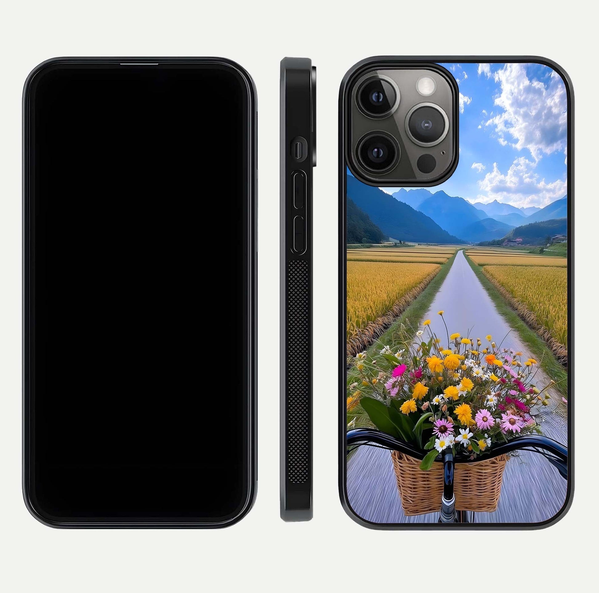 Golden Field Journey Glass Case for iPhone 12 Pro Max front and back view layout highlighting natural gradient and smooth glass finish