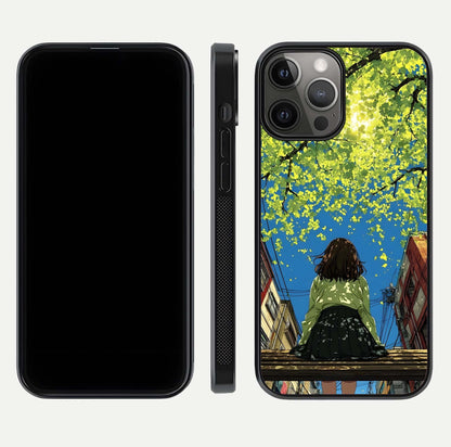 Golden Leaves Glow Glass Case for iPhone 12 Pro Max front and back view layout highlighting glowing tones and curved edges