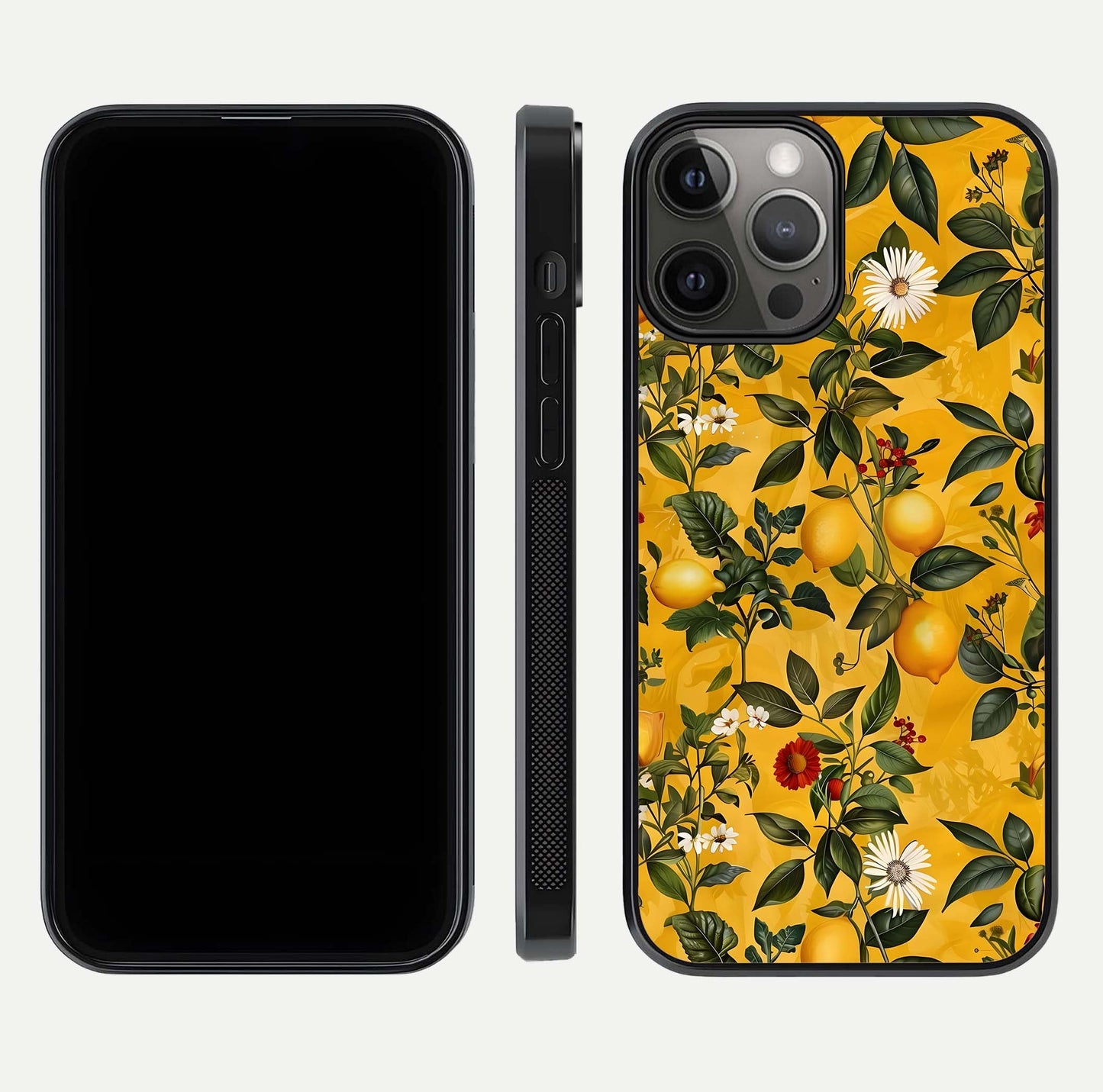 Golden Lemon Field Glass Case for iPhone 12 Pro Max front and back view layout highlighting fruity tones and curved glass edges