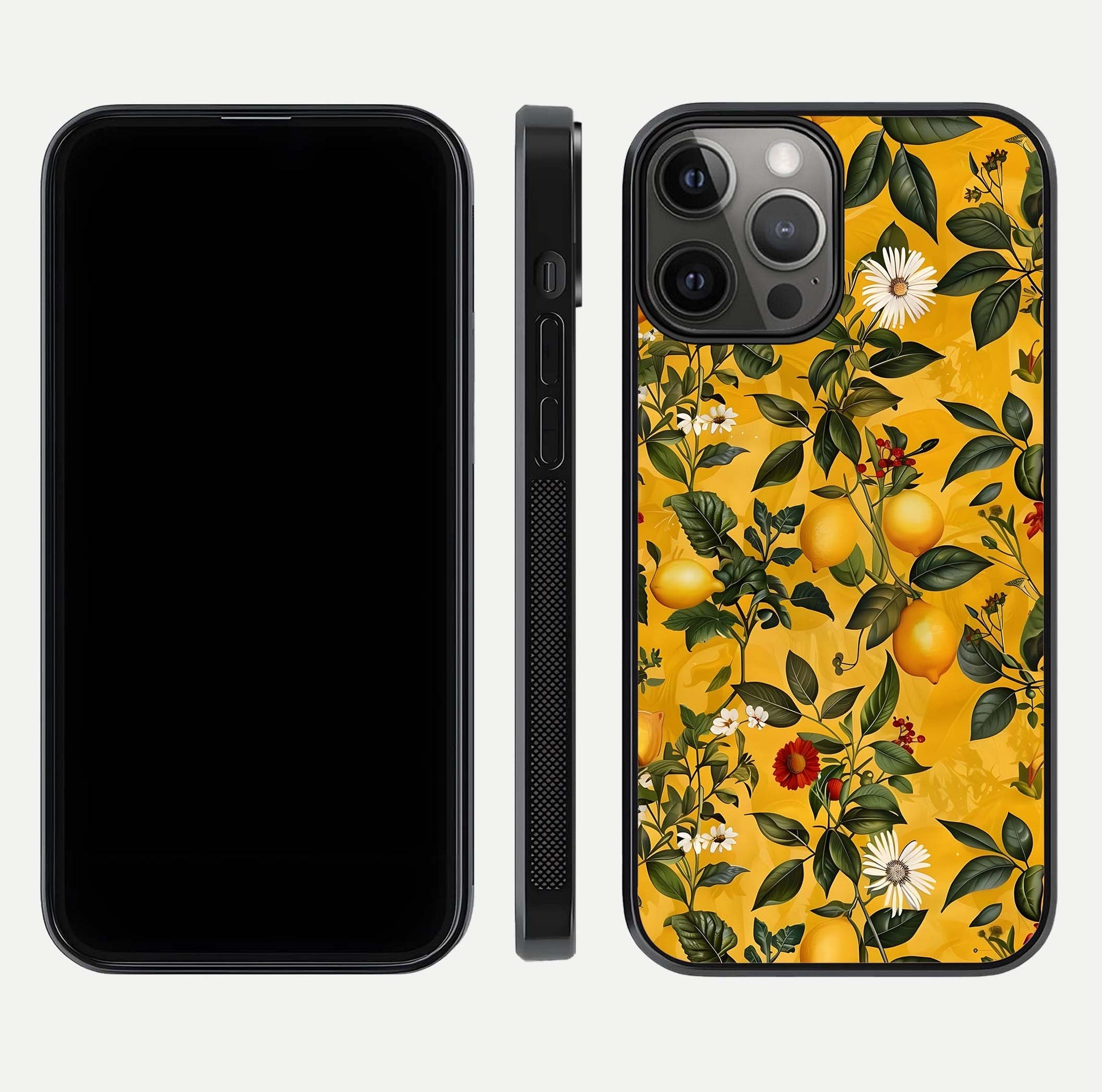 Golden Lemon Field Glass Case for iPhone 12 Pro Max front and back view layout highlighting fruity tones and curved glass edges