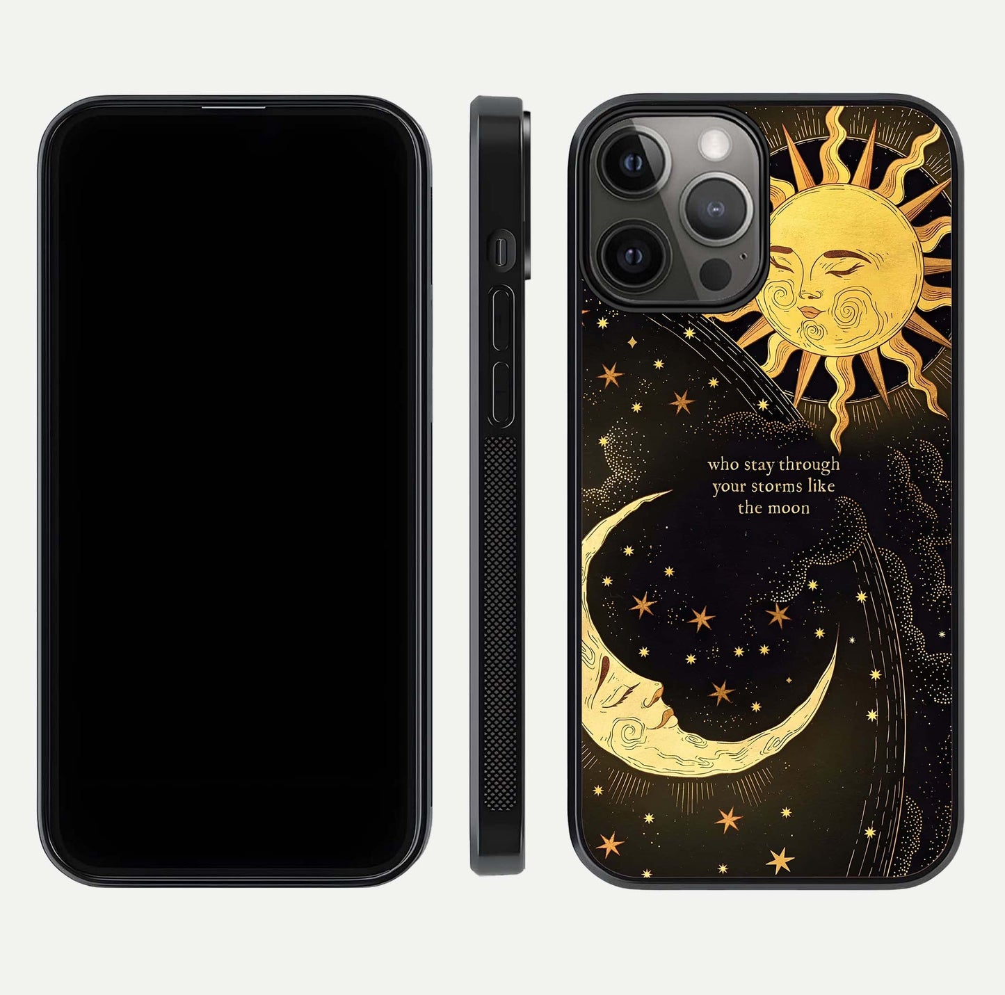 Golden Lunar Love Glass Case for iPhone 12 Pro Max front and back view layout highlighting celestial tones and curved edges